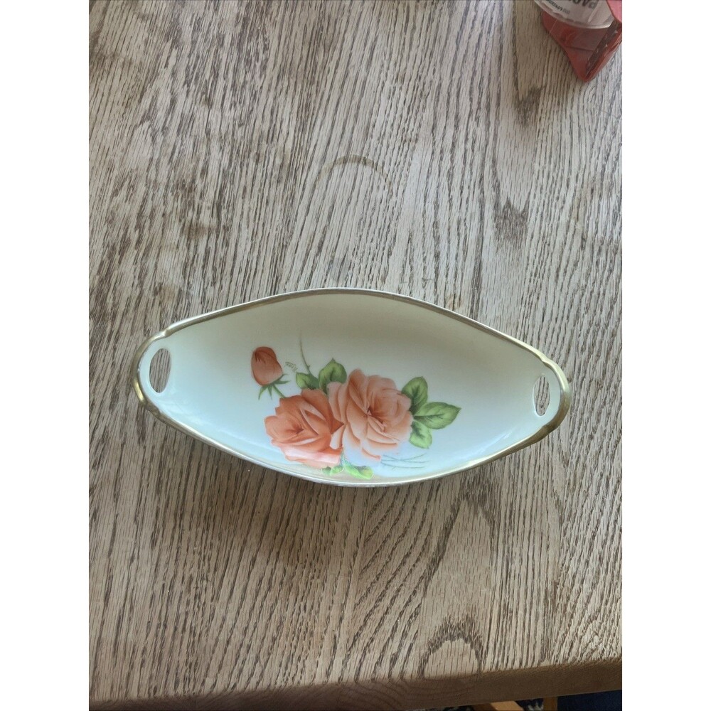 Vintage Bavaria Celery Dish, Hand Painted with Pink Peach Flowers Signed René